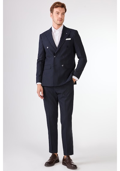 Dufy Lacivert Çizgili Kruvaze Slim Fit Takım Elbise Lacivert Dufy Lacivert Çizgili Kruvaze Slim Fit Takım Elbise Lacivert