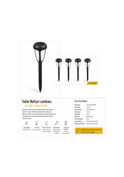 4'lü Solar Bahçe Lambası Sarı Led Güneş Enerjili Yol Ve Peyzaj Aydınlatması 30 Cm Beyaz Işık