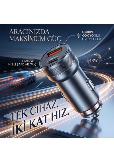 48w Hızlı Araç Şarj Cihazı - Çift Port Pd 30w Ve Qc 18w Usb Araç Şarjı -