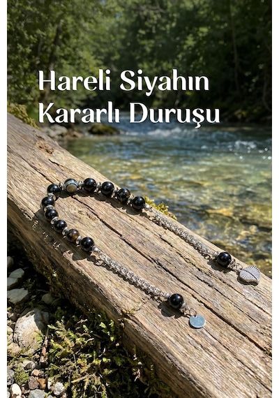Siyah Hareli Akik Çelik Zaza Tesbih 8 Mm Çok Renkli
