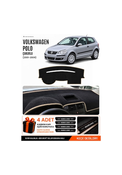 Volkswagen Polo Çukurlu 2001-2009 Uyumlu Torpido Örtüsü, Torpido Kılıfı - Siyah-bej - Vw019