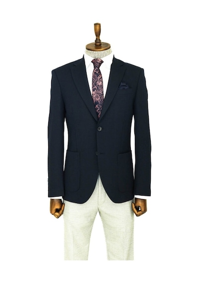 Wessi Kendinden Desenli Slim Fit Sivri Yaka Lacivert Erkek Ceket 001