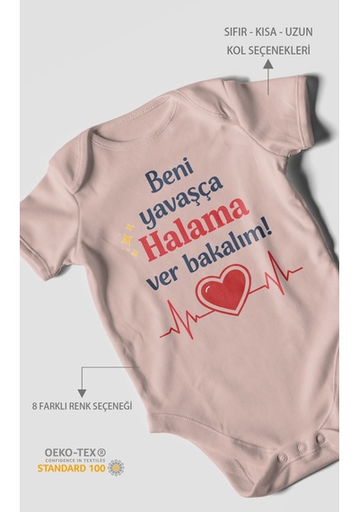 Morivokids Beni Yavaşça Halama Ver Bakalım Kısa Kollu Bebek Body %100 Pamuk Pastel Pembe