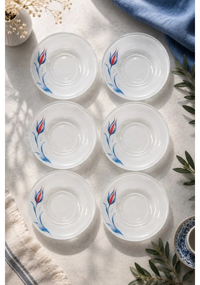 6 Lı Cam Çay Tabağı - Zarif Lale Desenli 12 Cm - 6 Adet Çay Tabak Lacivert