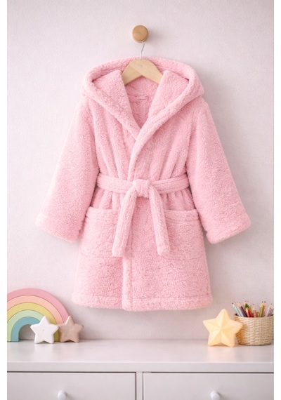 Luna Soft Kız / Erkek Çocuk Kapşonlu Wellsoft Bornoz Peluş Sabahlık Pudra Pudra