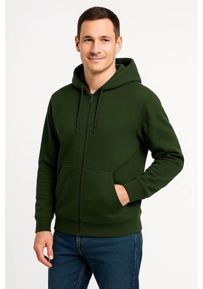 Erkek 3 İplik Pamuklu Kapüşonlu Tam Fermuarlı Cepli Hoodie Sweatshirt - Haki