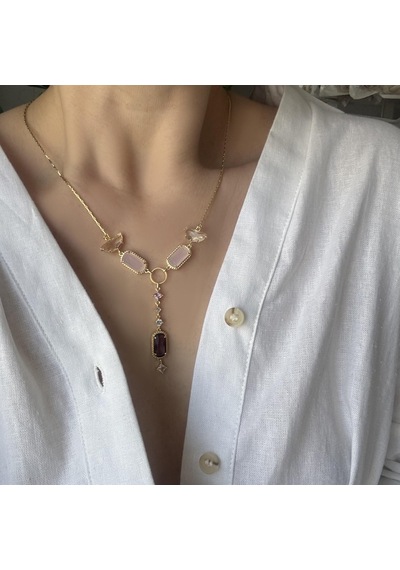 Çelik Pembe Taşlı Y Kolye Gold
