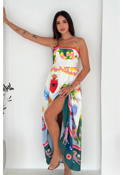 Asprin Fashion İthal Krep Kumaş Kare Yaka Elbise Desenli Desenli