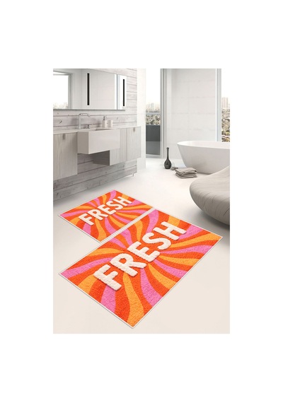Fresh Yazılı Dijital Baskılı Yıkanabilir 2li Banyo Paspası 50x60-60x100 Turuncu