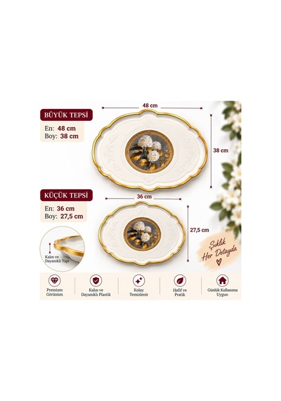 2 Li Büyük Boy Gold Dekoratif Sunum Tepsisi Seti 48x38 / 36x27,5 Cm Kalın Dayanıklı Plastik Çay Kahve Servis İkram Tepsisi 5 Farklı Model Krem