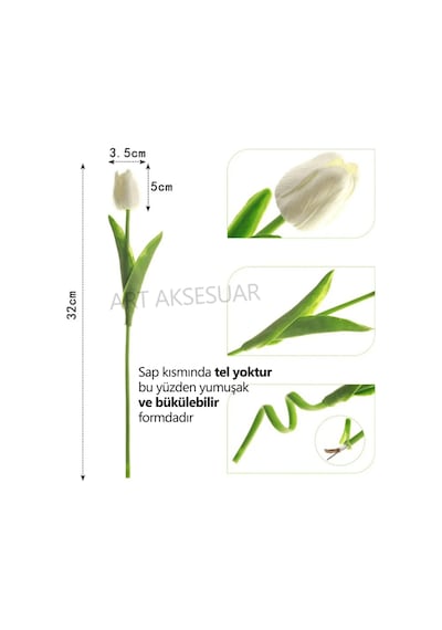 Yapay 8 Li Islak Lale Buketi Gerçeksi Doku Beyaz - Yapay Lale 32 Cm 8 Adet Kırık Beyaz