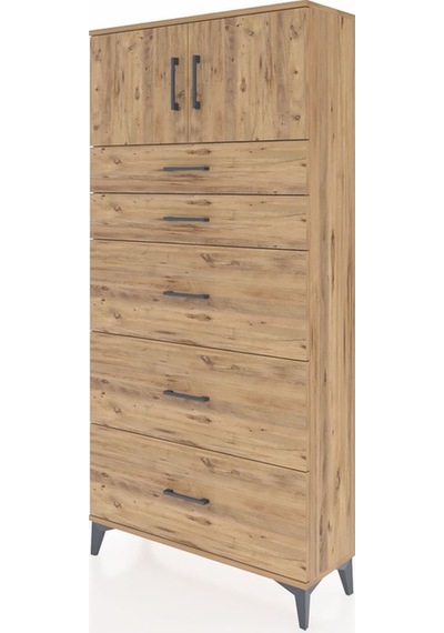 Arges Dolap Tek Raflı 5 Çekmeceli 2 Kapaklı 88x30x182 Çam-çam Çam