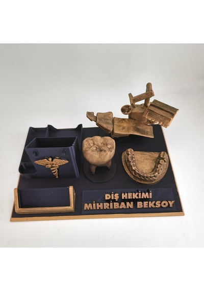Kişiye Özel Diş Hekimi Masa İsimliği Ve Kartvizitlik Gold - Siyah