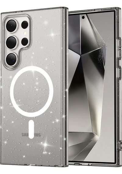 Samsung Galaxy S23 Ultra Uyumlu Renkli Magneticsafe Parlayan Simli A+ Kalite Silikon Kapak - Siyah