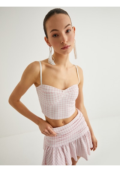 Koton İnce Askılı Crop Büstiyer Kalp Yaka Pembe Ekose 4sak10640ek Pembe