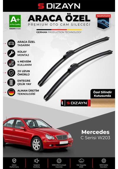 S-dizayn Mercedes C Serisi W203 Ön Cam Silecek Seti 2000-2003 Premium Araca Özel 60-53 Cm A+ Kalite
