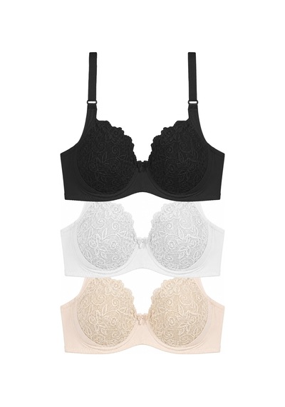 Cottonill Bra - Elora Büyük Beden Dantelli Balenli Minimizer Ayarlanabilir Askılı Kadın Sütyen 3'lü Paket-2 Çok Renkli