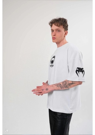Erkek Kısa Kol Tişört Göğüs Ve Kol Bisiklet Yaka Baskılı T-shirt - Beyaz