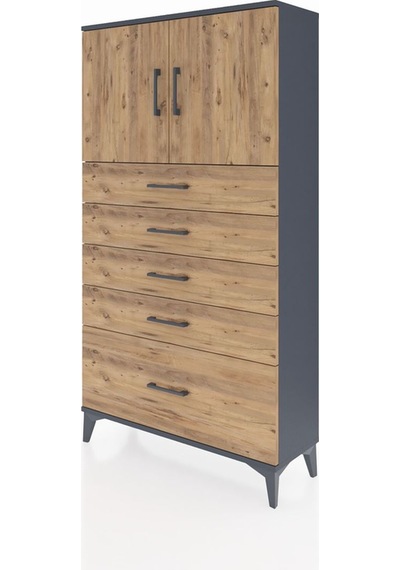 Arges Dolap 2 Raflı 5 Çekmeceli 2 Kapaklı 88x30x163 Antrasit-çam Antrasit