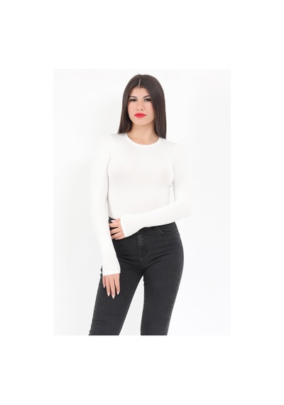 Giysa Kadın Ekru Bisiklet Yaka Uzun Kollu Esnek Çıtçıtlı Body Zıbın - 2439 Ekru