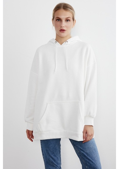 Meecy Kadın Beyaz Kapüşonlu Kanguru Cepli Sweatshirt Beyaz Beyaz