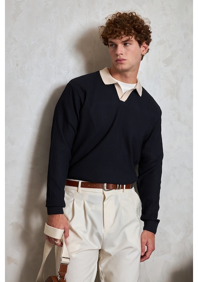 Erkek Polo Yaka Nopeli Oversize Triko Kazak Lacivert