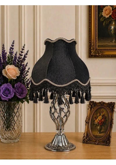Füme Kadife Kaplı El Yapımı Başlık Metal Ayaklı Klasik Model Vintage Abajur 55x25cm