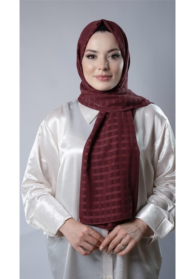 Hürrem Bone Bordo Desenli Şal Şifon Kumaş Kareli Çizgili 202107 16 Bordo