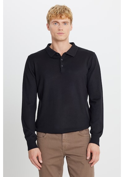 AC&Co / Altınyıldız Classics Erkek Sıyah Yünlü Standart Fit Normal Kesim Polo Yaka Triko Kazak SIYAH