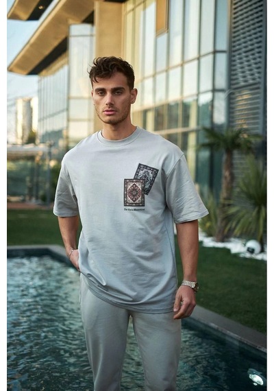 Erkek Kısa Kol Yazlık Tişört Bisiklet Yaka Baskılı Oversize T-shirt - Boyalı Gri