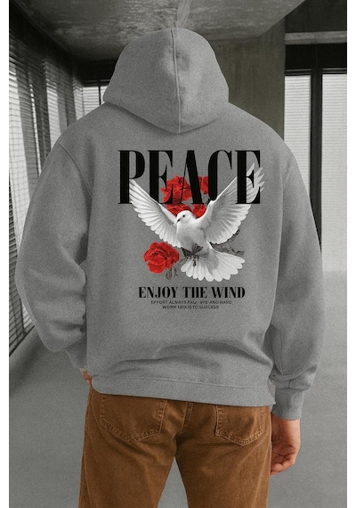 Benroma 3 İplik Penye Peace Baskılı Unisex Kapüşonlu Sweat Gri
