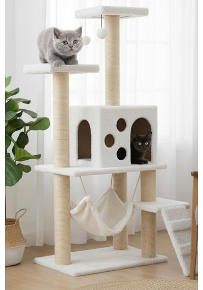 Tr Pet B-10 Hamaklı Yuvalı Lüx Kedi Tırmalama Oyun Evi Beyaz