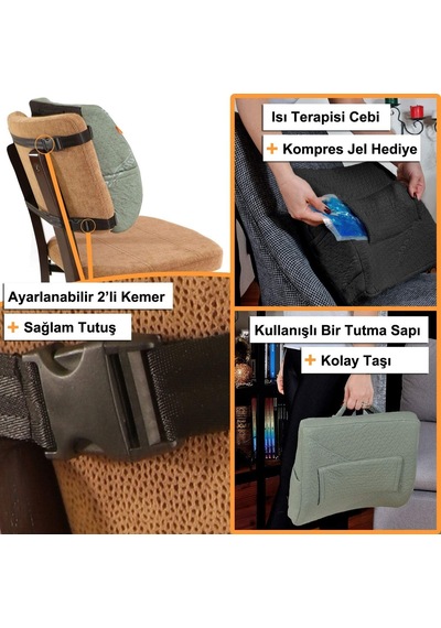 Bambu Serisi Isı Terapili Ortopedik Bel Yastığı Haki Renk Çok Renkli