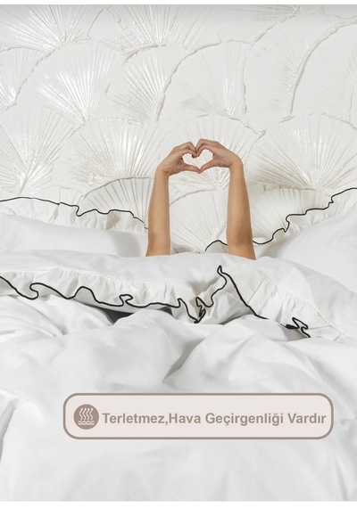 Nakışlı Beyaz Nevresim Takımı Seti Fırfırlı Krem