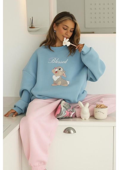 Benroma 3 İplik Penye Blessed Tavşan Baskılı Unisex Sweatshırt Bebe Mavisi