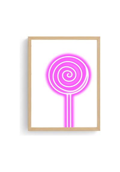 Doğal Ahşap Çerçeveli Retro Pop Art Tablo - Pembe Lollipop Desenli Huhu2791