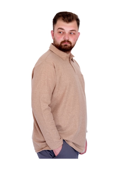 Mode Xl Büyük Beden Erkek Sweatshirtpolo Yaka Uzun Kol Waffle 23449 Bej Bej