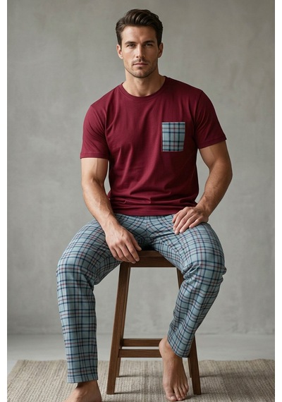 Siyah İnci Cep Nakışlı Örme Kısa Kollu Pijama Takım 8000 Bordo