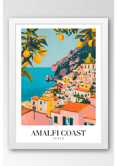 Amalfi Coast Italy Vintage Seyahat Posteri Çerçeveli Tablo - Premium Akdeniz Temalı Duvar Dekoru Beyaz