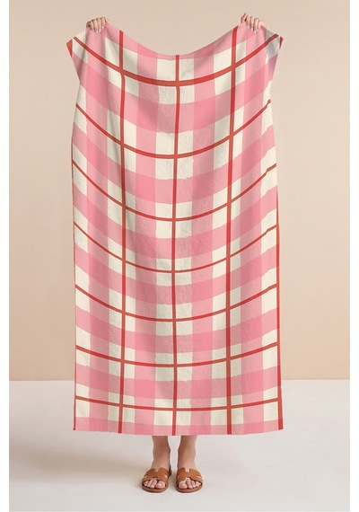 Pembe Ekose Kareli Plaj Havlusu-modern Picnic Stil Hızlı Kuruyan Mikrofiber Havlu Havuz Deniz Banyo Keten İncisi
