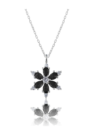 Zanaatsilver 925 ayar Gümüş Zincirli Siyah taşlı Rodyum kaplama Lotus Kamelya Çiçeği kolye