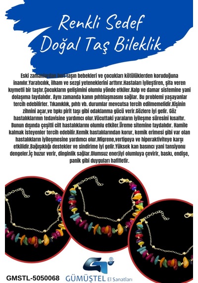 Gümüştel El Sanatları Sertifikalı Renkli Sedef Doğal Taş Bileklik Özel Tasarım Çok Renkli