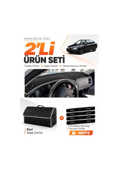 Hyundai Elantra 1997-2006 Uyumlu Torpido Örtüsü + Deri Bagaj Çantası + Sticker Seti - Siyah Gri
