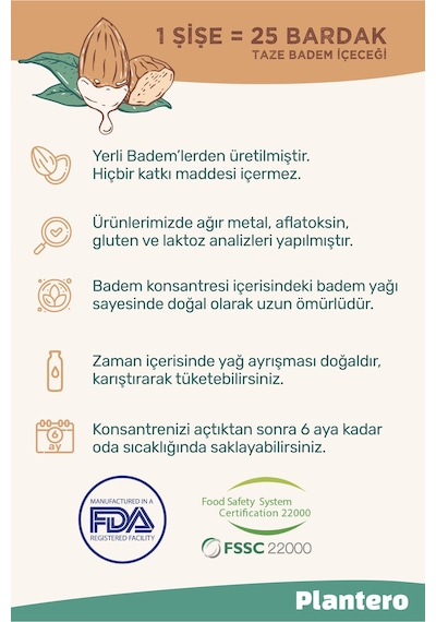 3'lü Badem Sütü Bazı Konsantre Bitkisel Süt 250gr, %100 Badem, Şekersiz