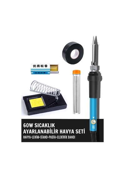 ST-60 Model Profesyonel 60W Isı Ayarlı Havya + Lehim + Bant + Lehim Pastası + Stand