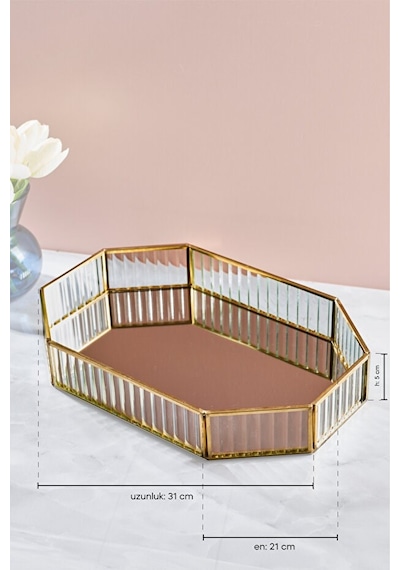 Sekizgen Cam Sunumluk Tepsi-31 Cmx21 Cm Gold - Siyah