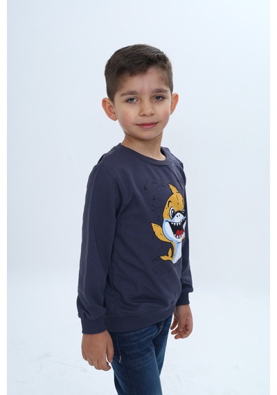 Toontoy Kids Toontoy Erkek Çocuk Çıtçıtlı Köpek Balığı Baskılı Sweatshirt Füme