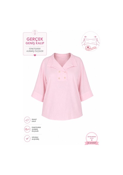 Büyük Beden Düğme Detaylı Yakalı Kapri Kol Yarım Patlı V Yaka Kadın Bluz Pembe