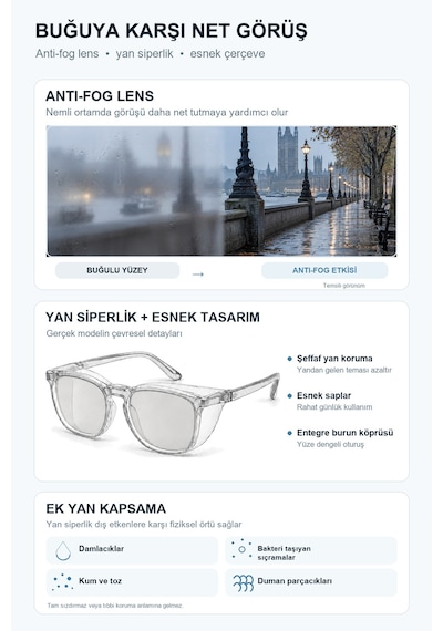 Fotokromik Polarize Uv Korumalı Buğu Önleyici Yan Siperlikli Güneş Gözlüğü Şeffaf Gri Siyah