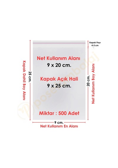 9x20+5 Cm. 9x25 500 Adet Şeffaf Bantlı Yapışkanlı Opp Poşet